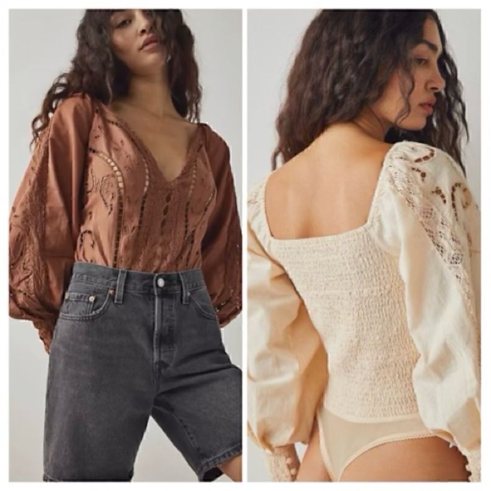 NWOT Free People Regina Bodysuit Top Thong Eyelet Balloon Sleeves Smocked Retro